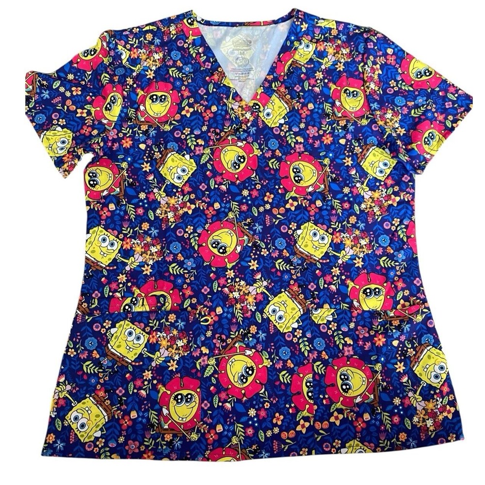 SpongeBob SquarePants Scrub Top Flowers Navy V-Neck Size M NWT